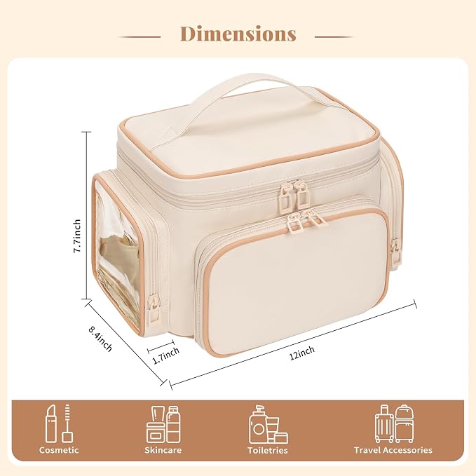 Bagmoly Large Makeup Bag, Portable Travel Makeup Bag Organizer for Women Girls with Makeup Brush Compartment & Two Side Pockets, Cosmetic Travel Bag Vertical Storage Toiletry - White