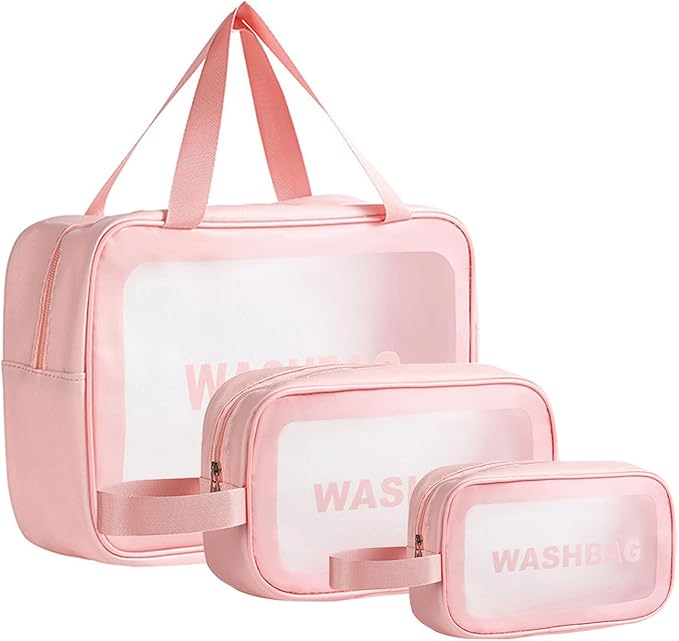 BIRDDIE Clear Travel Bags for Toiletries,3 Pack Toiletry Bag,Matte Translucent Toiletry Bag,Makeup Bag With Handy Handle,Travel Pouch,Makeup Cosmetic Organizer for Travel Essentials(Pink)