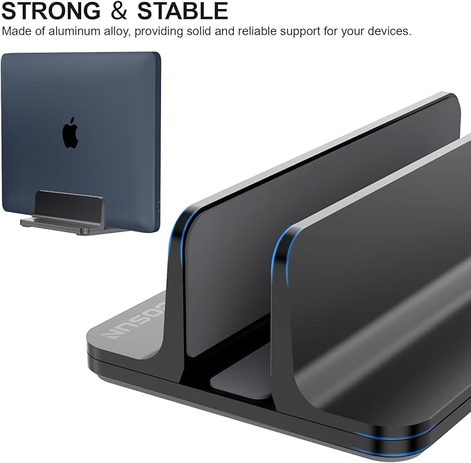 Aluminum Vertical Laptop Stand for Desk - Adjustable Width Dock for MacBook, Surface, Samsung, HP, Dell up to 17.3 inches - Space-Saving & Protective Design - Black