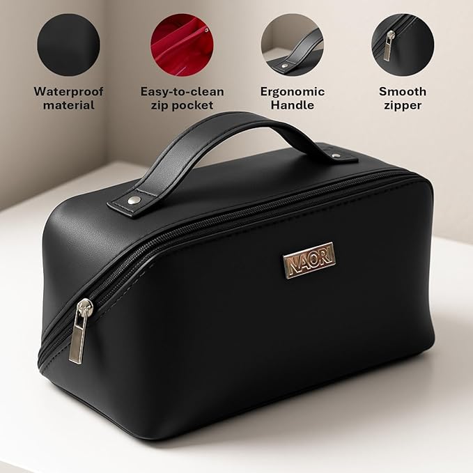 NAORI Travel Makeup Bag for Women | Large Luxury Cosmetic Organizer with Handle & Inner Pockets | Waterproof Faux Leather Toiletry Bag | Makeup Case for Home, Travel & Gifting (Elegant Black)