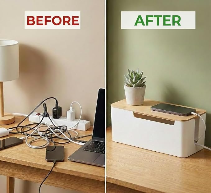 Cable Management Box Wooden Style Cord Organizer and Cover for TV Wires, Computer, Router, USB Hub and Under Desk Power Strip Safe ABS Material and Baby-Pets Proof Lock (White, 12x5.5x5 Inch)