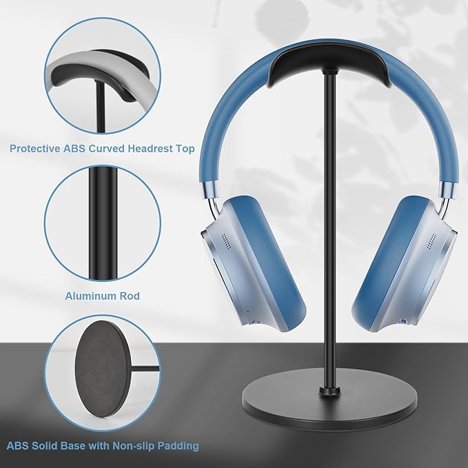 T-fun Headphone Stand, Curved Headset Stand with Aluminum Rod ABS Solid Base Gaming Headset Holder for Desk Headphone Accessories for Organization and Display, Black