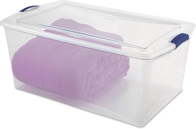 105 Qt. Plastic Storage Bin with Durable Lid, Stackable and Nestable Clear Tote Container Featuring Blue Buckles, Ideal for Organization and Storage Purposes (1-Pack)
