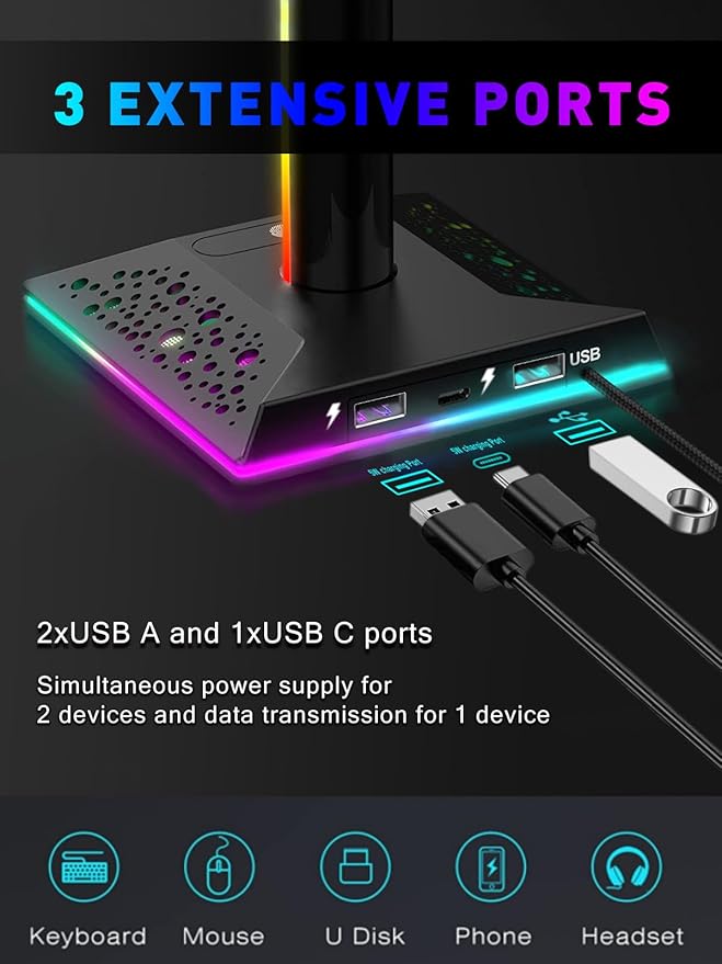 VCOM RGB Gaming Headphones Stand with 2 USB and 1 Type-C Ports, Headset Stand with 10 Light Modes and Non-Slip Rubber,Suitable for All Earphone Accessories, Best Gift for Desk Gamers