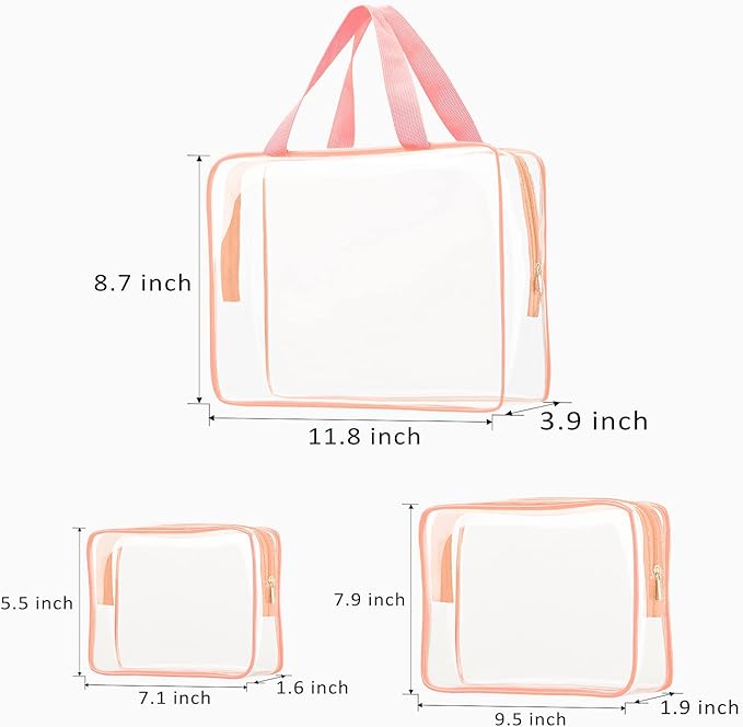 3pcs Clear Cosmetic Bags, TSA Approved Toiletry Bag Set Crystal Clear Travel Beach Essentials Bag Organization PVC, Clear Makeup Bags Luggage Pouch Carry on Airport Airline Compliant Bag Women Men