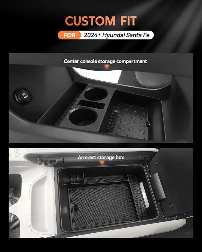 CDEFG 2PCS for 2024 2025 2026 Hyundai Santa Fe Lower Console Cup Holder Tray & Armrest Storage Center Console Organizer Accessories