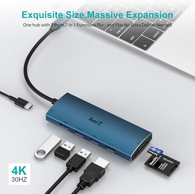 USB C Hub, USB Hub to HDMI Multiport AorZ USB c Dongle Adapter 7 in 1 with 4K HDMI Output,3 USB 3.0 Ports,SD/Micro SD Card Reader,100W PD, Compatible with Macbook,XPS and More Type C Device(Deep Blue)