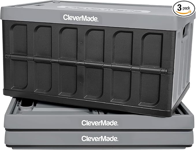 CleverMade Collapsible Storage Bins with Lids (46L, 3 Pack) – Stackable Foldable Plastic Storage Crates for Home, Closet & Trunk Organization - Stone
