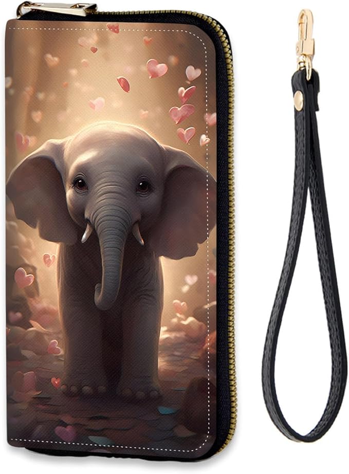 Women's RFID Blocking Zip Around Wallet with Detachable Wrist Strap, Large Capacity Credit Card Holder Organizer for Everyday Use,Cute Elephant with Hearts