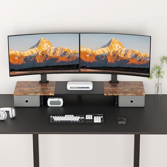 Suptek Dual Monitor Stand Riser with Two Drawers,Monitor Riser for 2 Monitors with Storage, Extra Large Storage for 2 Monitors, Multifunctional Desktop Organizer,Desktop Oraganizer Computer,Laptop,Printer,TV