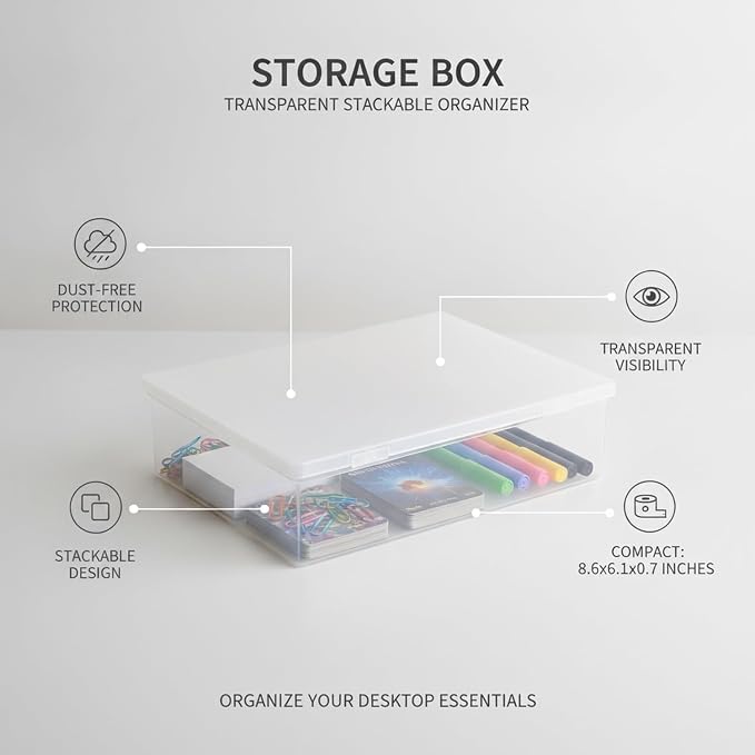 Storage Box, Transparent Stackable PP Plastic Container with Lid for Desktop Organization of Stationery and Documents (1 PC)