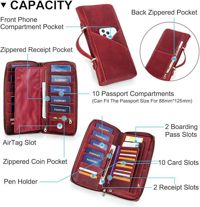 CONTACTS Family Passport Holder for 10 Full Grain Leather Compatible with Airtag Passport Holder Family Travel Document Organizer Multiple Rfid Blocking Passport Wallet (Red)