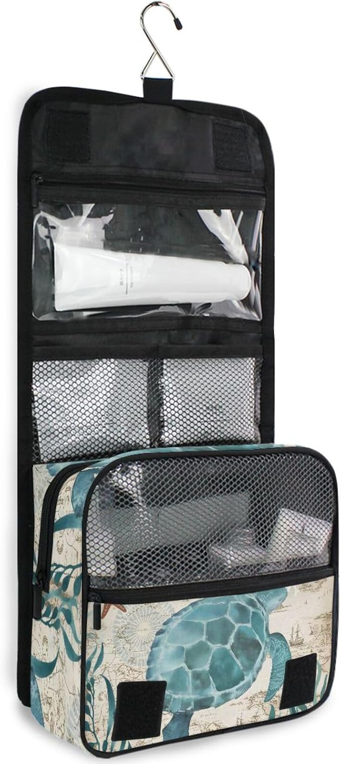 senya Hanging Travel Toiletry Bag Kit Makeup Case Cosmetics Organizer for Men Women (Sea Lives Turtle Coral)