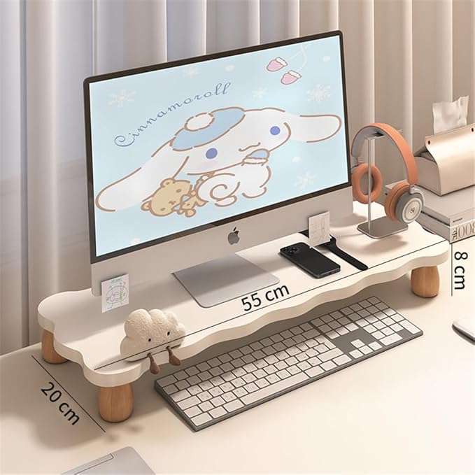 Monitor Stand Riser, Cloud-Shaped Sturdy Wood Computer Monitor Riser, Laptop Monitor Stand, Multi-Purpose Desktop Organizer Riser for Computer, Laptop, Printer, TV (White)