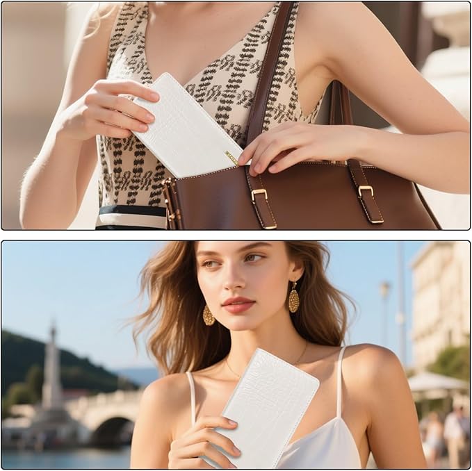 Wallet Women Bifold Faux Crocodile Leather Minimalist Slim Thin Long Wallets RFID Blocking Credit Cards Holder Purse with Back Zipper Coin Pocket for Women and Men,Beige