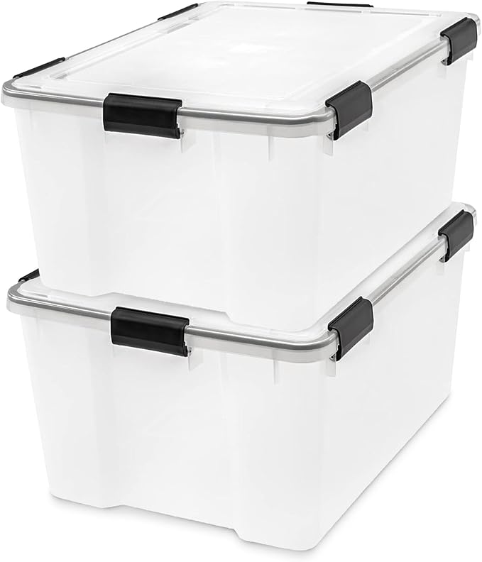 IRIS USA WeatherPro 63 Qt Storage Bins with Lids, 4 Pack, BPA-Free Plastic Gasket Box with Tight Latch and Seal, Stackable Nestable Tote Tub - Clear/Black
