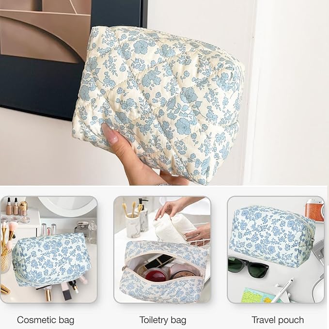 Makeup Bag Travel Large Quilted Toiletry Bag 3 Pack Portable Cosmetic Organizer Pouch with Small Brush Storage Case Zipper Waterproof for Women,Blue Flower
