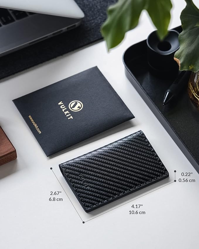 VULKIT Leather Business Card Holder 2 Sided Slim Business Name Card Organizer for Men or Women, Up to hold 20 cards(Carbon Black)