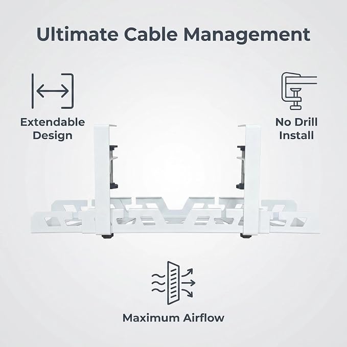 Under Desk Cable Management Tray 15.4-26 Inches Bidirectional Extendable Metal Cable Organizer with Clamp Mount, No Drill Wire Management System for Home Office & Gaming Desk(Light Gray)