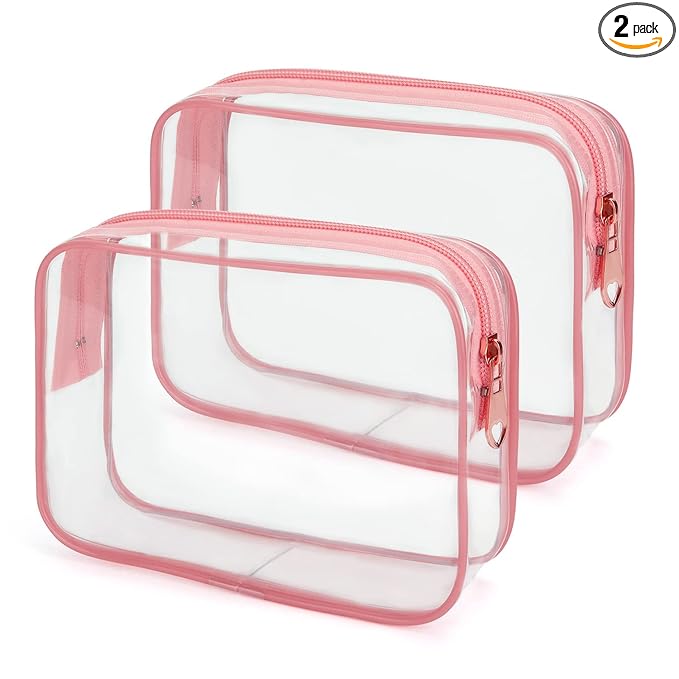 Wedama TSA Approved Toiletry Bag, Cosmetic Bags 2 Pack with Zipper Carry on Airline Airport Travel Accessories, PVC Makeup Bags for Travel, Quart Size Travel Bags for Men and Women-Pink