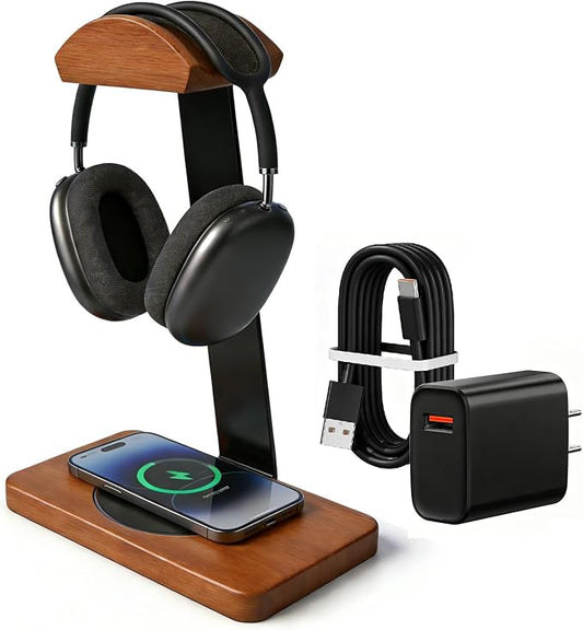 Solid Wooden Headphone Holder with Qi Wireless Charging Pad,Heavy Duty Wood Universal Headset Stand Compatible with Airpods Max,Bose,Razer,AKG,Equipment Accessories for Walnut Desk,Gift Choice