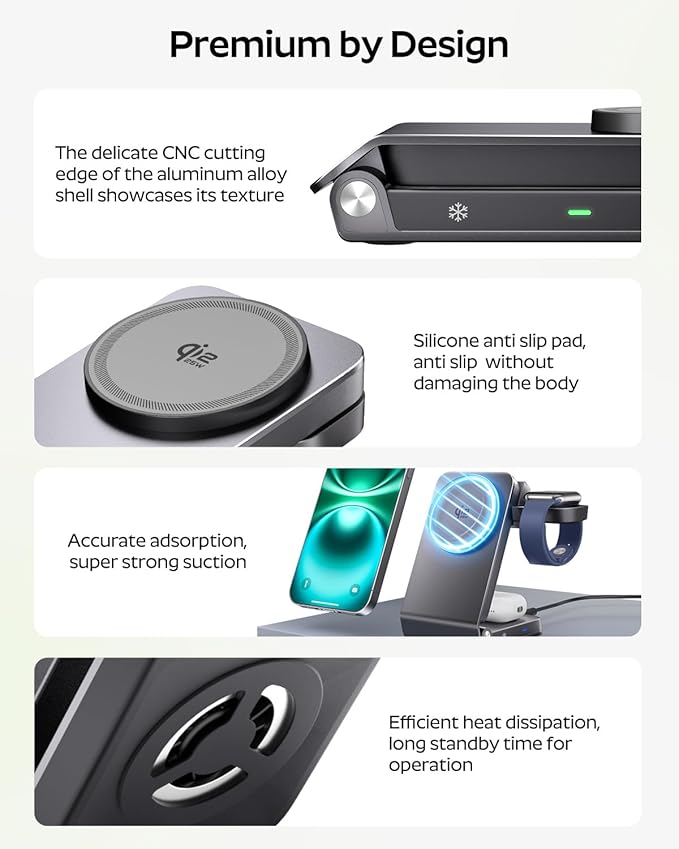Doge&Vollar 3 in 1 Qi2.2 25W MagSafe Wireless Charging Station, Foldable Charger Stand for iPhone 17 16 Pro Max, Apple Watch & AirPods, Fast Low-Heat Desk Travel Charger with 45W Adapter, Aluminum