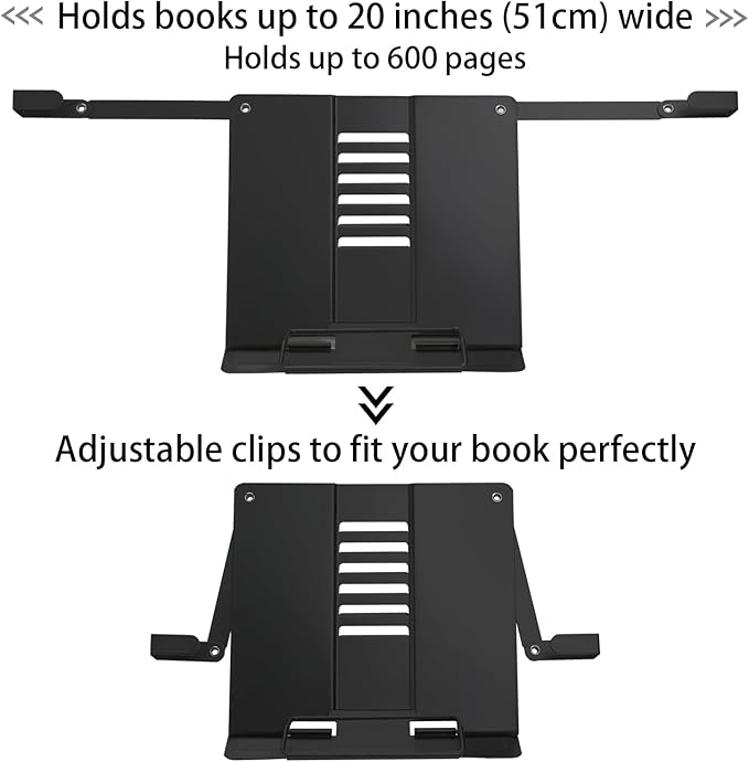 Metal Desk Book Stand for Reading with Adjustable Clips, Hands-Free Foldable Book Holder for Kids, Portable Document Stand for Desk, Display Stand for Recipes, Cookbooks, Tablets - Black