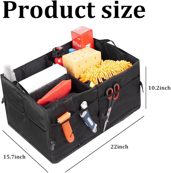 Car Trunk Organizer, Large Capacity Collapsible Multi-Compartment Vehicle Trunk Storage Organizer, Foldable Auto Rear Seat Organization Box for Cargo Grocery, Universal for Vehicles (Black)