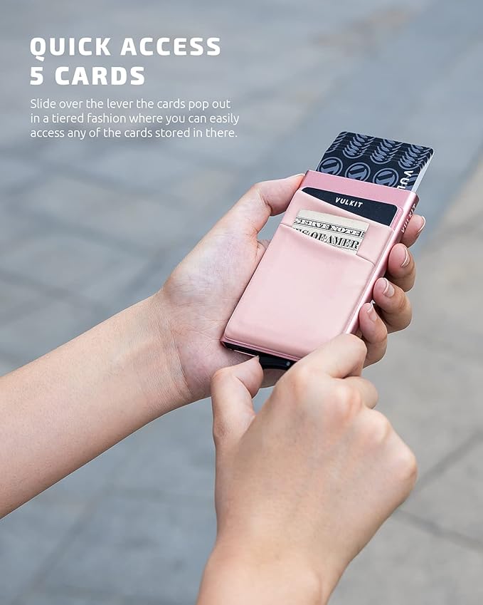 VULKIT Card Holder with Money Pocket Pop Up Wallet RFID Blocking Slim Metal Bank Card Case Holds 5 Cards and Notes