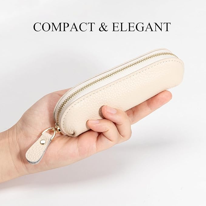 Full Grain Leather Coin Pouch - Travel Small Coin Purse with Zipper - Mini Key Pouch Change Purse for Women and Men (Off White, Large Size)