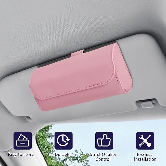 Sunglasses Holder for Car Sun Visor, Sunglass Organizer for Car, Magnetic Leather Eyeglasses Protective Storage Case, Waterproof Glasses Organizer Visor Accessories for Vehicles (Pink)