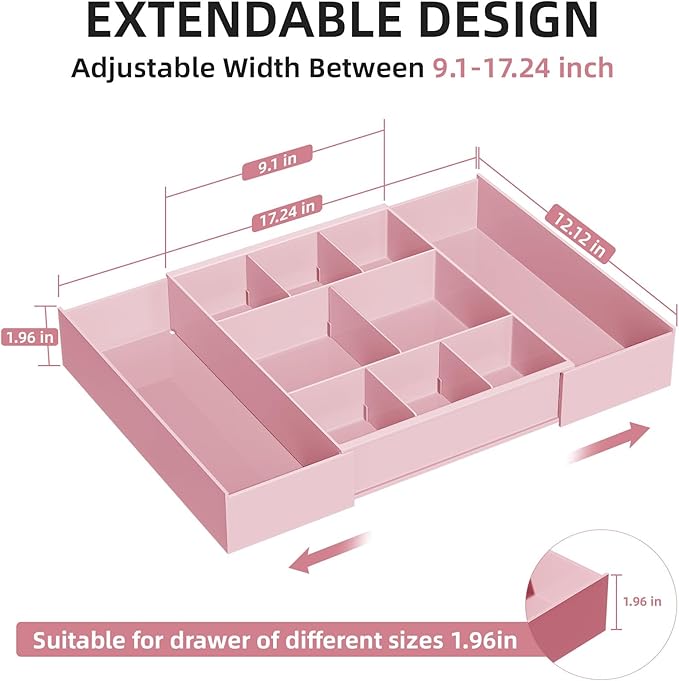 Marbrasse Expandable Desk Drawer Organizer, Clear Plastic Drawer Organizer Tray with 10 Adjustable Compartments, Desk Organizers and Accessories, 5 Drawer Dividers for Office Supplies, Makeup (Pink)