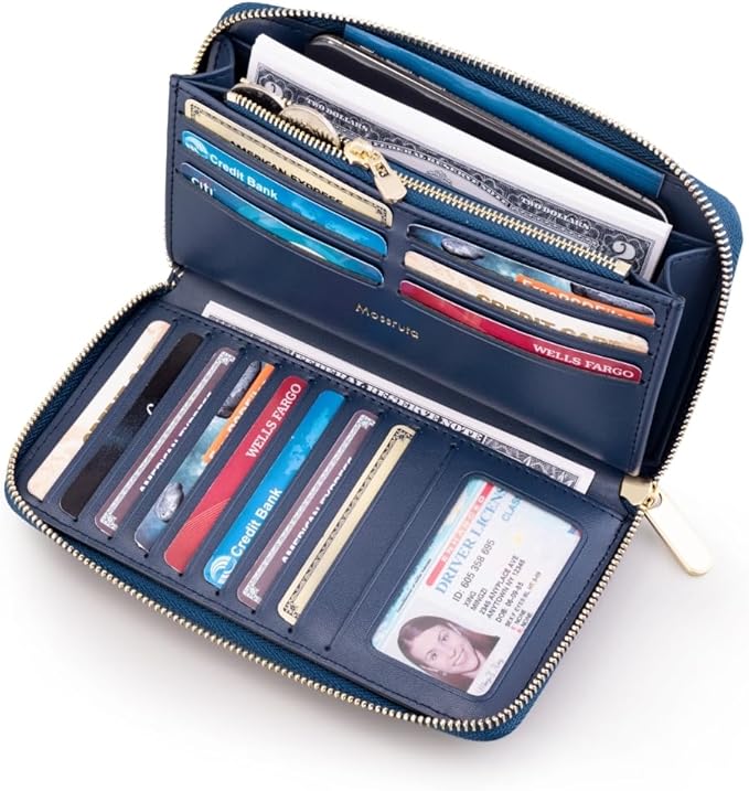 Luxury Real Leather Zip Around Travel Wallet | Large Capicity Card Holder Organizer | Classic Phone Clutch for Men Women (Navy - Saffiano Leather)