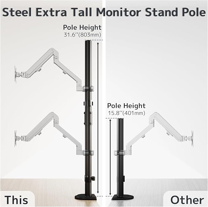 Steel Extra Tall 2-Section Monitor Stand Pole - 31.6 inches Sturdy Center Pole Only for Monitor Arm Mounts, Adjustable Height, Compatible with C-Clamp & Grommet Bases,Black