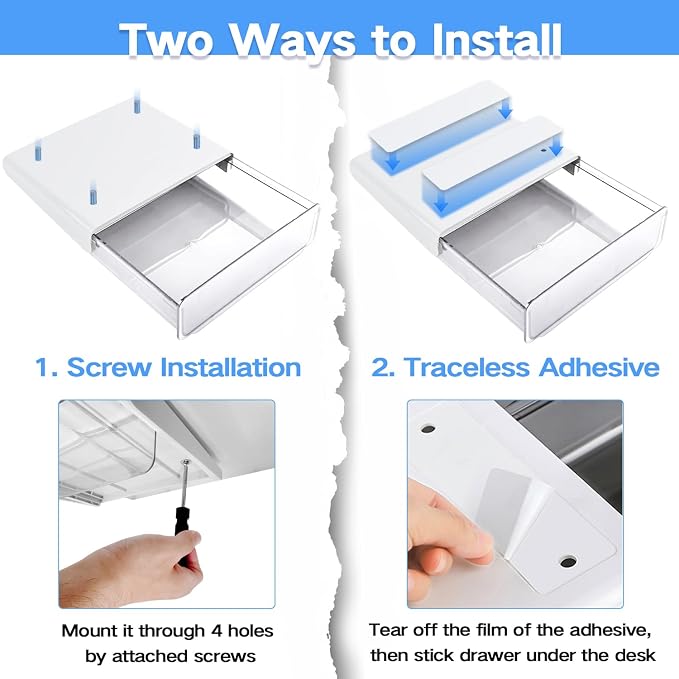 OSPNIEEK Self-adhesive Under Desk Drawer Organizer, 2 Pack Table Hidden Slide Out Large Storage Mounted Desktop Pencil Holder Tray Drawers for Office Home School Stationery Kitchen (XL+L, White)