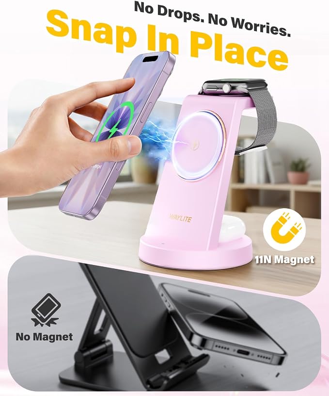 3 in 1 Fast Charging Station for iPhone, 25W Wireless Magnetic Phone Charger for iPhone 17 16e 16 15 14 13 12 Serise, Watch Charger Stand, Wireless Charging Station for AirPods 4 3 Pro, Pink