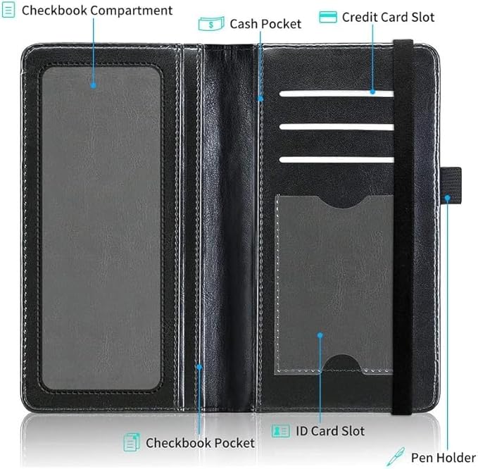 FUYOCWE Leather Checkbook Covers for Men Women Check book Holder Cover Wallets for Personal Checkbook Duplicate Checks with RFID Blocking & Elastic Strap,Black Cat with Gold Floral