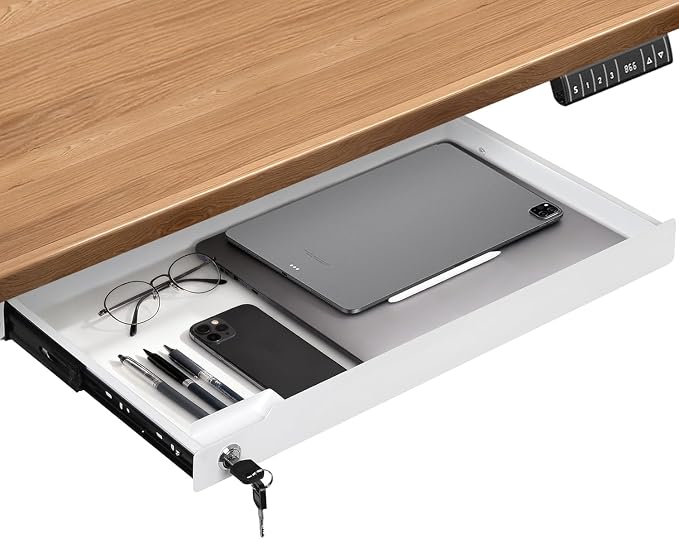 Under Desk Drawer Storage with Lock, Metal Undermount Table Drawer, Ball Bearing Slides Out Tray Organizer for Paper, Pencil, and Laptop 24"x10.3"x2.1", White with Divider