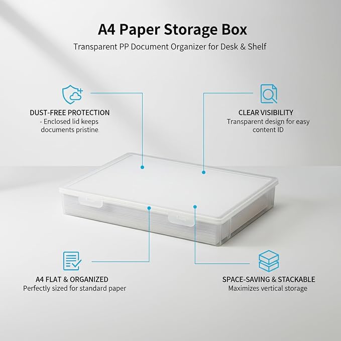 Clear A4 Document Storage Box with Lid, Stackable PP File Organizer for Office Desk & Shelf