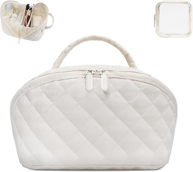 Makeup Bag,Quilted Puffer Cosmetic Bag for Women, 180° Lay-Flat Travel Make up Bag, Waterproof Large Capacity Toiletry Bag with Sturdy Zippers, Portable Makeup Organizer for Travel & Daily Use