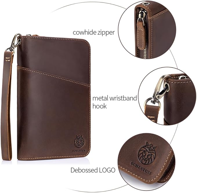 Genuine Leather Passport Holder for Family of 6, RFID Blocking Travel Wallet with Zipper Large Capacity – Vintage Crazy Horse Leather, 6 Passport Slots, Card Holders & Wristlet (Coffee, Large)