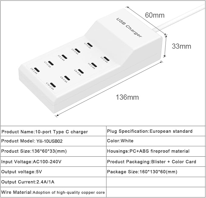 USB C Charger, 10 Ports USB Charging Station, 50W Multi-Port USBC Charger, USBC Desktop Multiple Charger for iPhone 16/15/14/13/12/iPad/Samsung S24/S23/Ultra/Z Flod/Watch/Headphones