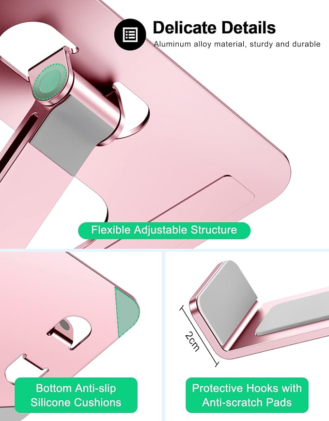 RIWUCT Foldable Laptop Stand, Height Adjustable Ergonomic Computer Stand for Desk, Aluminum Portable Laptop Riser Holder Notebook Mount Compatible with MacBook Pro Air, HP, Dell 10-16"(Rose Gold)