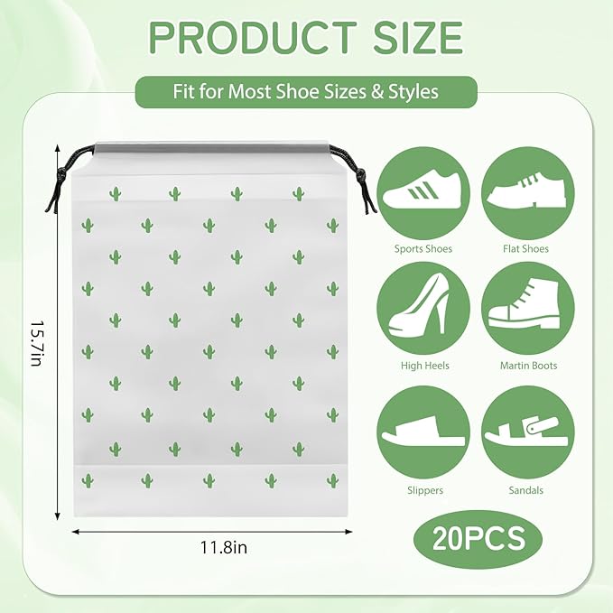 Shoe Bags for Travel, 15.7" x 11.8" Travel Shoe Bags for Packing, Large Waterproof Portable Travel Shoe Storage Bags Travel Essentials Women for and Men (20, Cactus)