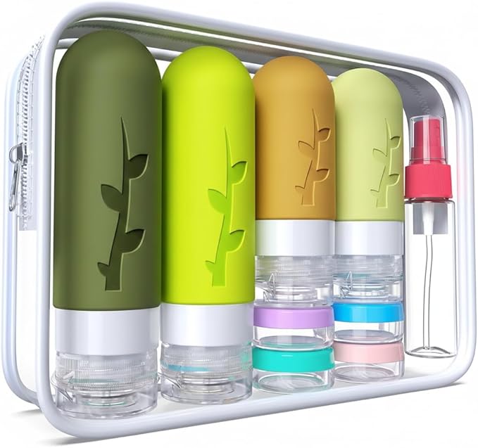 DEPOZA Travel Bottles Kit (16 Pack) - TSA Approved, Leak Proof Silicone Squeezable Containers for Toiletries. Complete Set with Jars, Sprayers & Bag (M-Green)