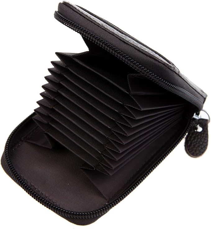RFID Blocking Genuine Leather Mini Credit Card Case Organizer Compact Wallet with ID Window - Coffee