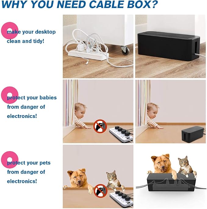 Powerking Cable Management Box, Cable Organizer for Hide and Conceal Power Strips and Electrical Cords,Cord Organizer Made from Safe ABS Material (Small, Black)