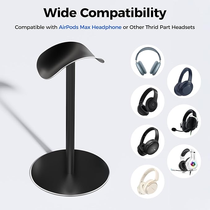 Desk Headphone Stand for AirPods Max, Aluminum Alloy Headset Stand with Anti-Slip Base & Curved Headband Support, Universal Headphone Holder for Most Gaming Headsets (Black)