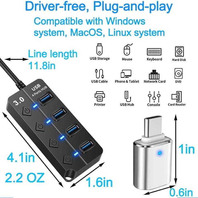 USB Hub - 3.0, 4-Port USB Station Hub with Individual Switches - Expander Hub for Laptop/MacBook, Flash Drives, Mobile HDD, Printer