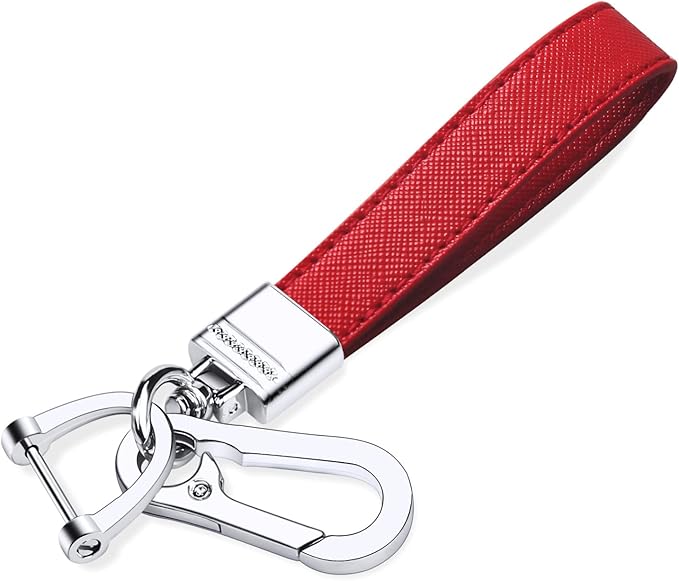 QBUC Genuine Leather Car Keychain,Universal Heavy Duty Metal Key Chain Accessories,Car Fob Key Keychain Holder with 360 Degree Rotatable Snap Swivel and Anti-Lost D-Ring for Men Women（Red）